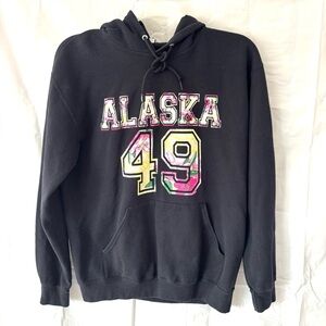 Jerzees Alaska 49 Black and Floral Pink Sweatshirt Hoodie SZ M Worn 1X